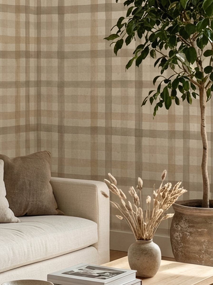 Sand plaid wallpaper in a living room.