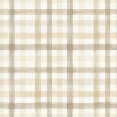 Sand plaid wallpaper with overlapping beige and taupe watercolour stripes on a cream background.