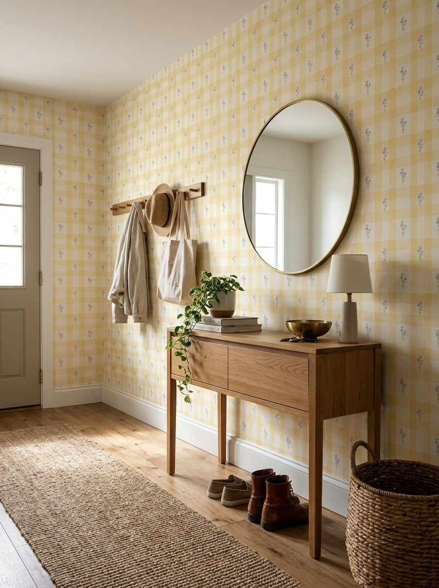 Yellow bluebell gingham wallpaper in an entryway.