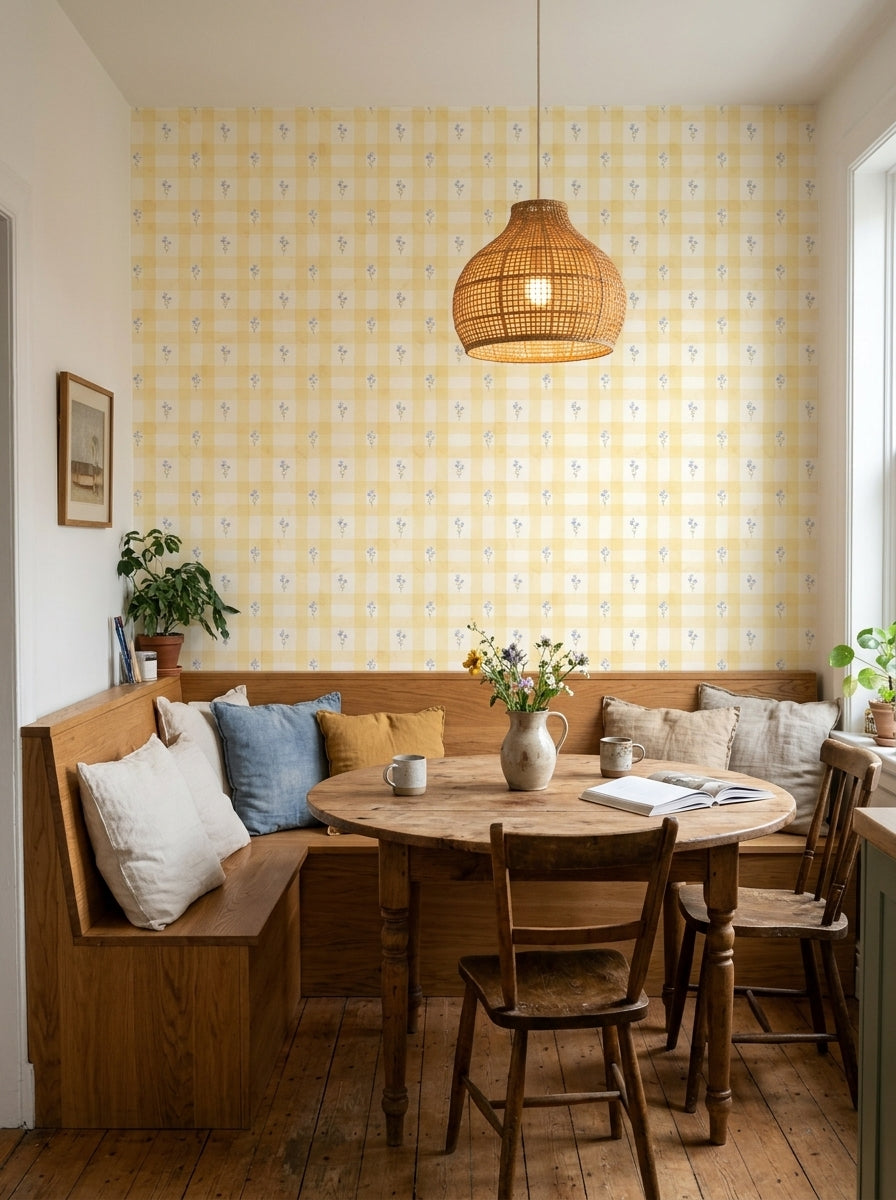 Yellow bluebell gingham wallpaper in a breakfast nook.