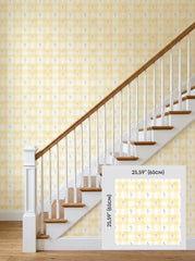 Yellow bluebell gingham wallpaper on a staircase wall, shown with a 65 cm (25.6 in) pattern sample.