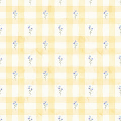 Yellow bluebell gingham wallpaper with a soft yellow watercolour check and small blue flower sprigs.