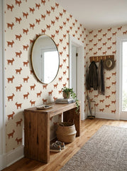 Rust goats wallpaper in an entryway.