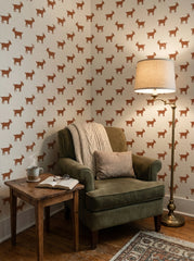 Rust goats wallpaper in a reading corner.