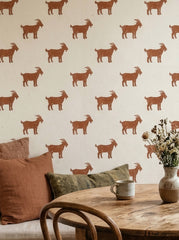 Rust goats wallpaper in a dining area.