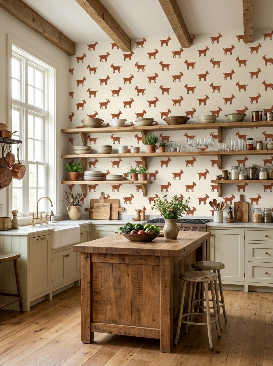 Rust goats wallpaper in a kitchen.
