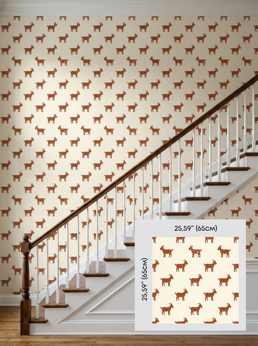 Rust goats wallpaper on a staircase wall, shown with a 65 cm (25.6 in) pattern sample.