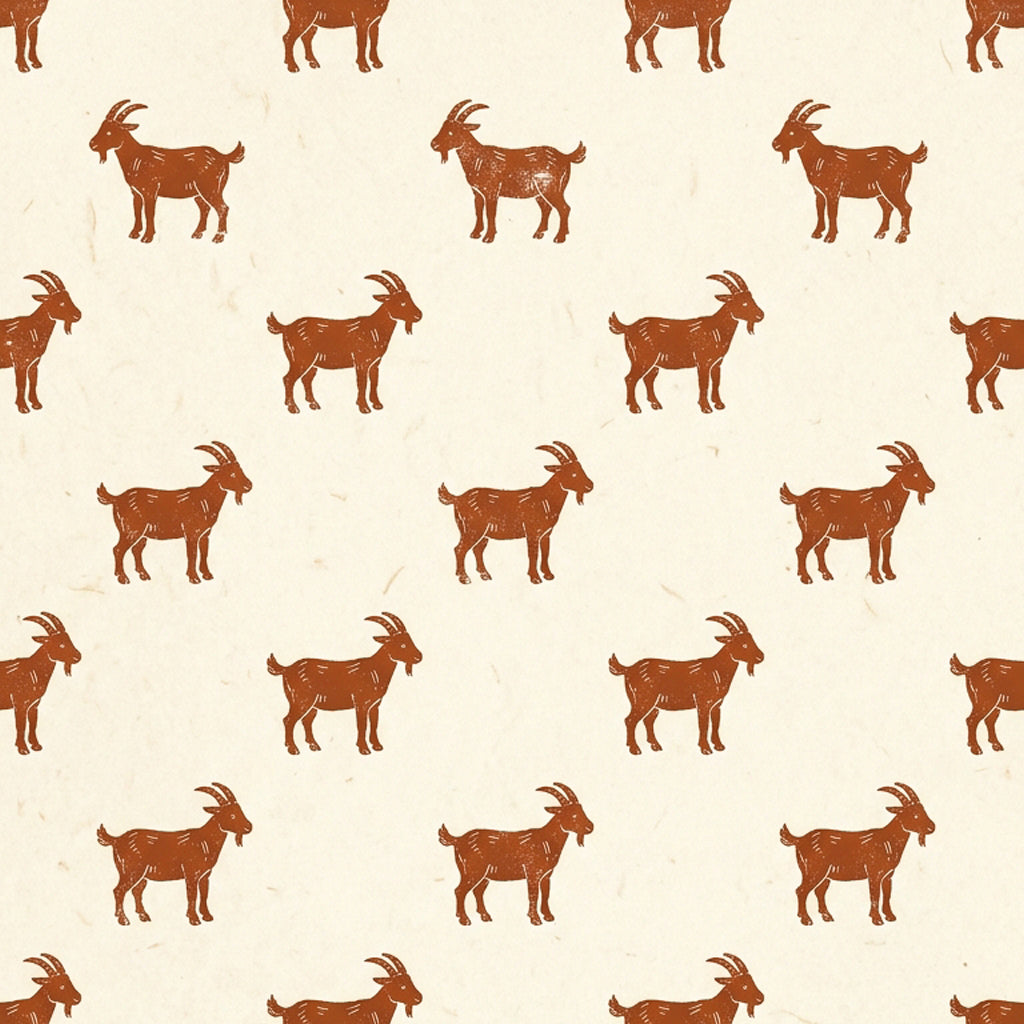 Rust goats wallpaper with block-printed rust red goats in rows on a cream paper-textured background.