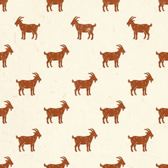 Rust goats wallpaper with block-printed rust red goats in rows on a cream paper-textured background.