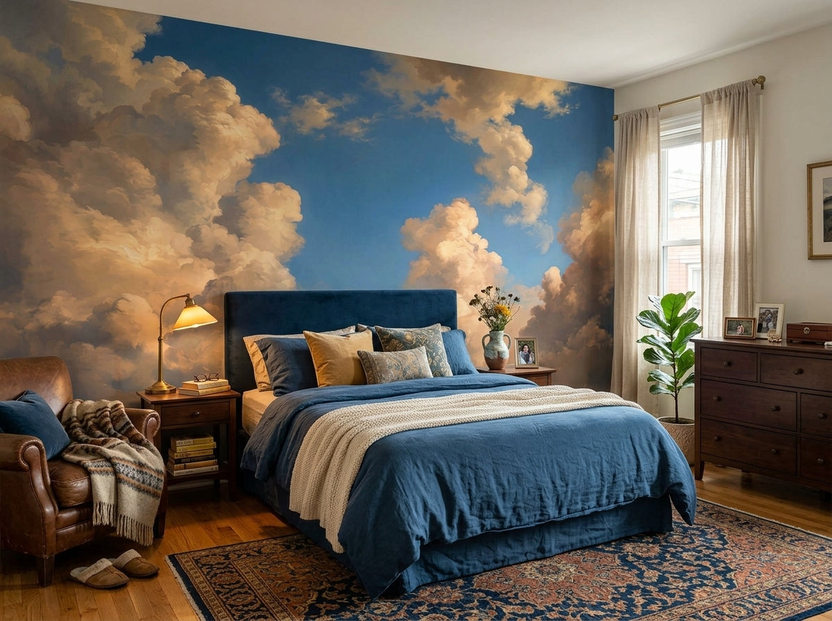 Golden painted cloud wallpaper behind the bed in a bedroom with navy bedding.