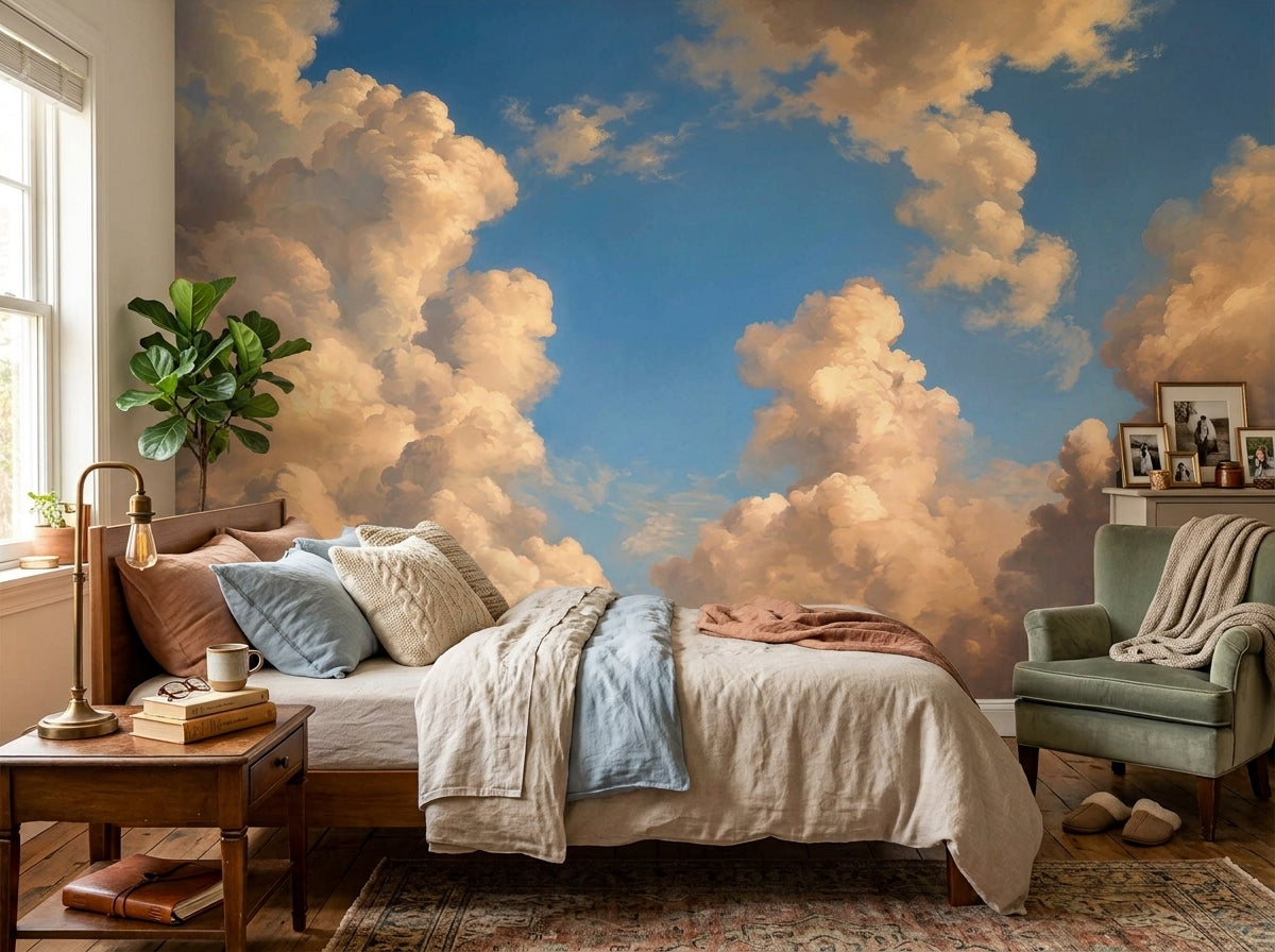 Golden painted cloud wallpaper behind the bed in a cozy bedroom.