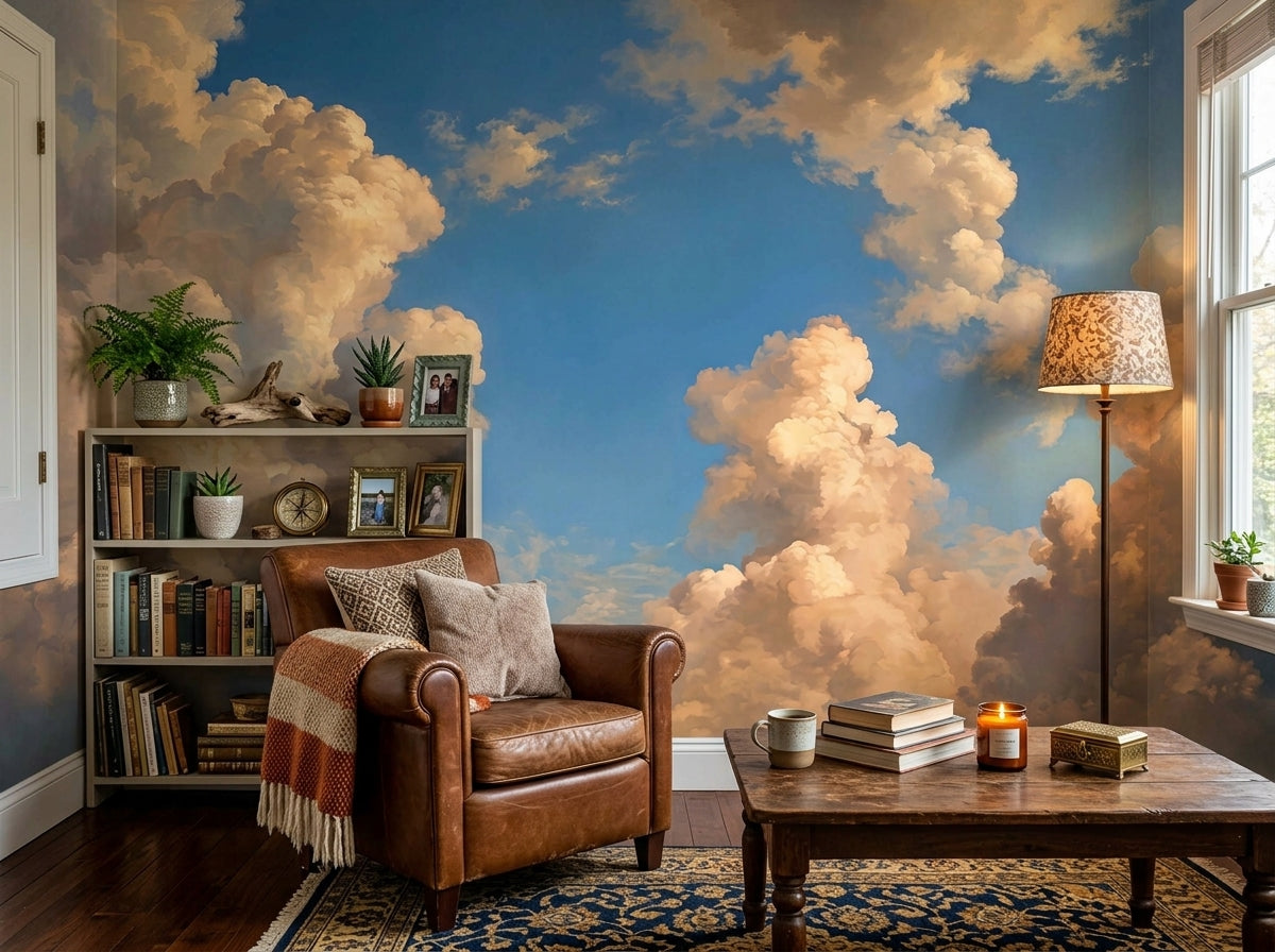 Golden painted cloud wallpaper in a cozy den with leather armchair and coffee table.