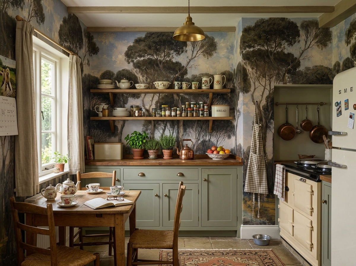 Moody pine forest wallpaper in a cottage kitchen with open shelves.