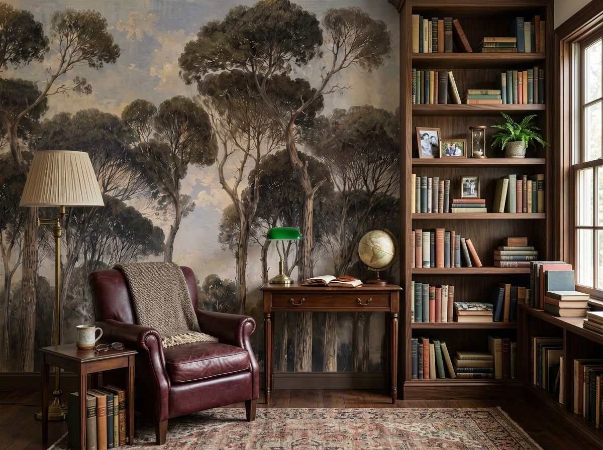 Moody pine forest wallpaper in a library with burgundy leather armchair.