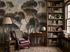 Moody pine forest wallpaper in a library with burgundy leather armchair.