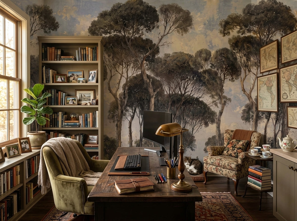 Moody pine forest wallpaper in a home office with bookshelves.