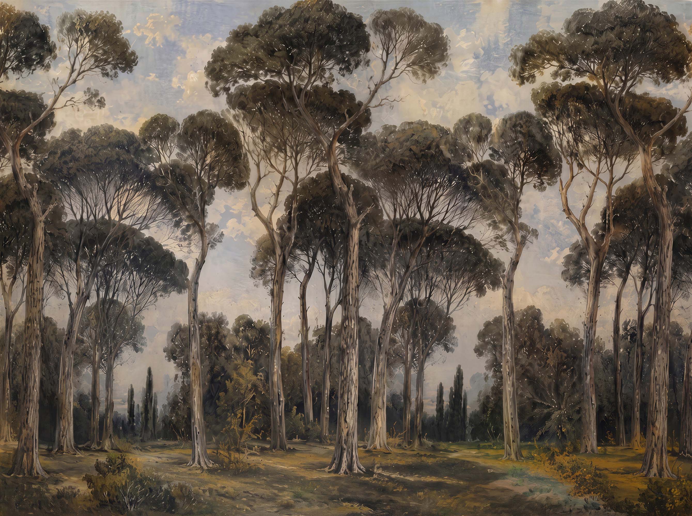 Painterly wallpaper with tall umbrella pine trees in a moody forest under a cloudy blue-grey sky.