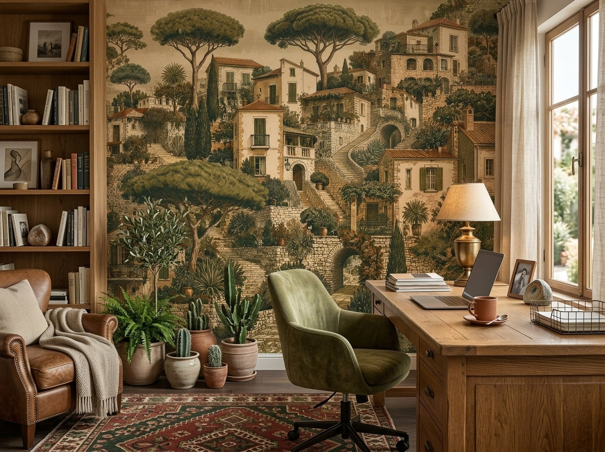 Mediterranean village wallpaper in a home office with wooden desk.