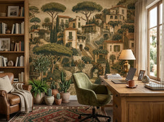 Mediterranean village wallpaper in a home office with wooden desk.