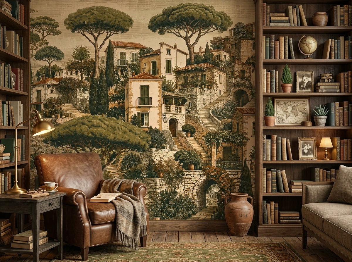 Mediterranean village wallpaper in a reading corner with leather armchair and bookshelves.