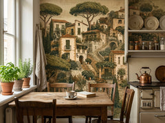 Mediterranean village wallpaper in a rustic kitchen with wooden table.