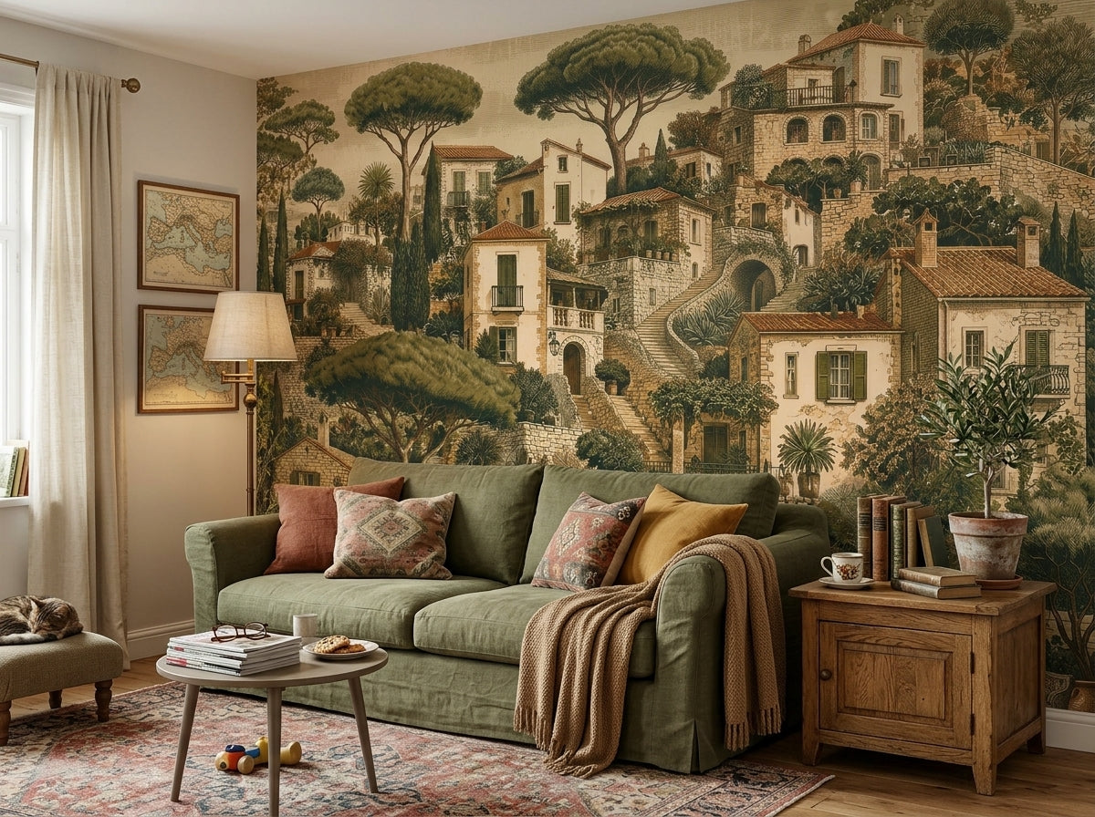 Mediterranean village wallpaper behind a green sofa in a cozy living room.