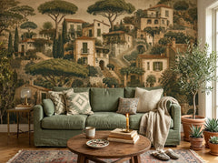 Mediterranean village wallpaper in a living room with olive tree and round table.
