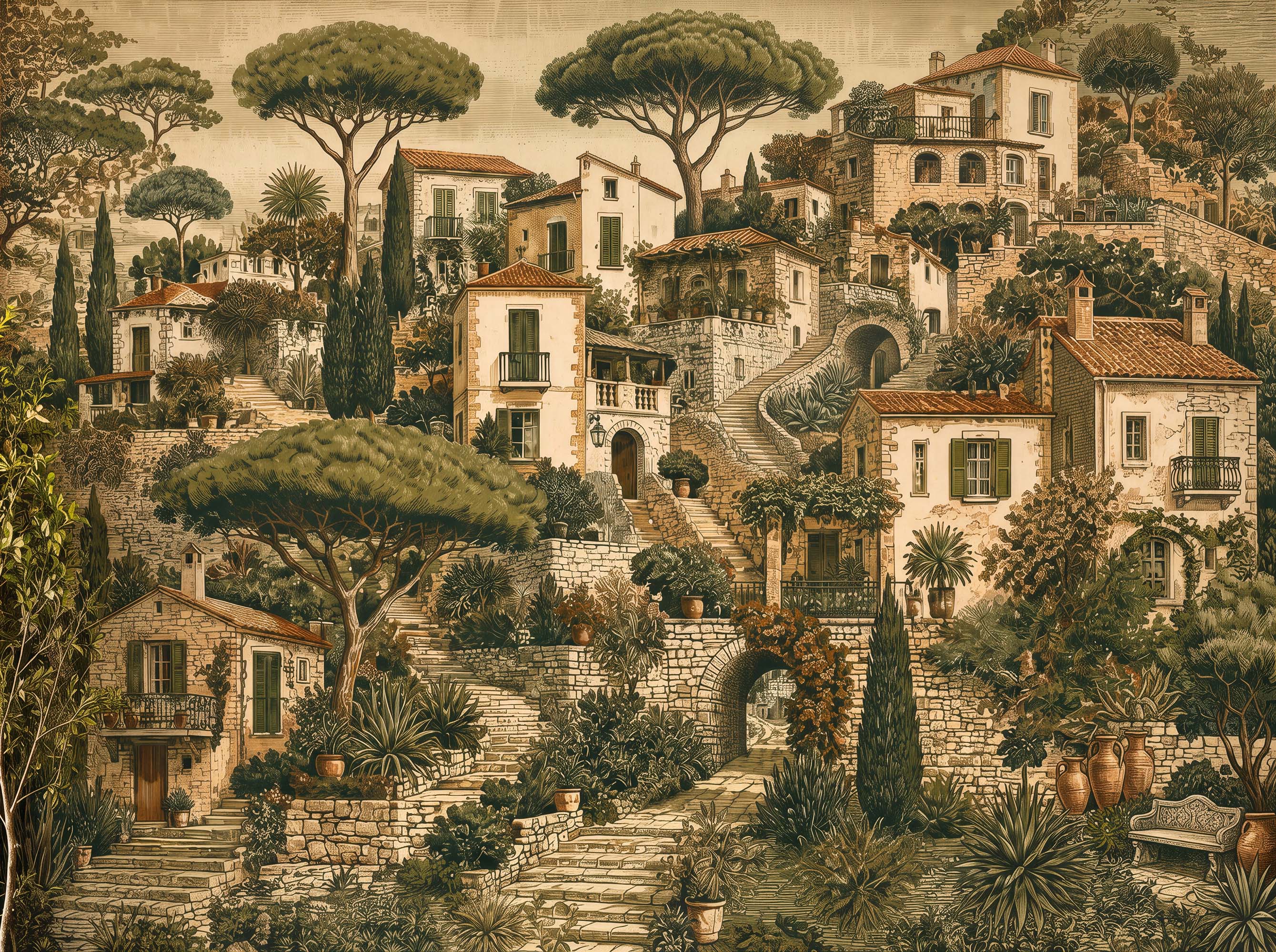 Tapestry style wallpaper with a Mediterranean hillside village, terracotta roofs, stone stairs, umbrella pines and cypresses.