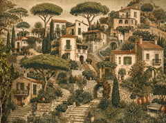 Tapestry style wallpaper with a Mediterranean hillside village, terracotta roofs, stone stairs, umbrella pines and cypresses.