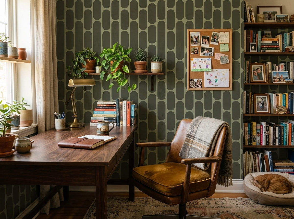 Olive green retro capsule wallpaper in a home office with wooden desk and leather chair.