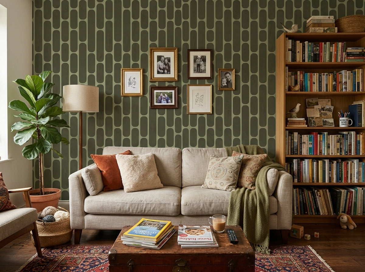 Olive green retro capsule wallpaper in a cozy living room with cream sofa and bookshelf.