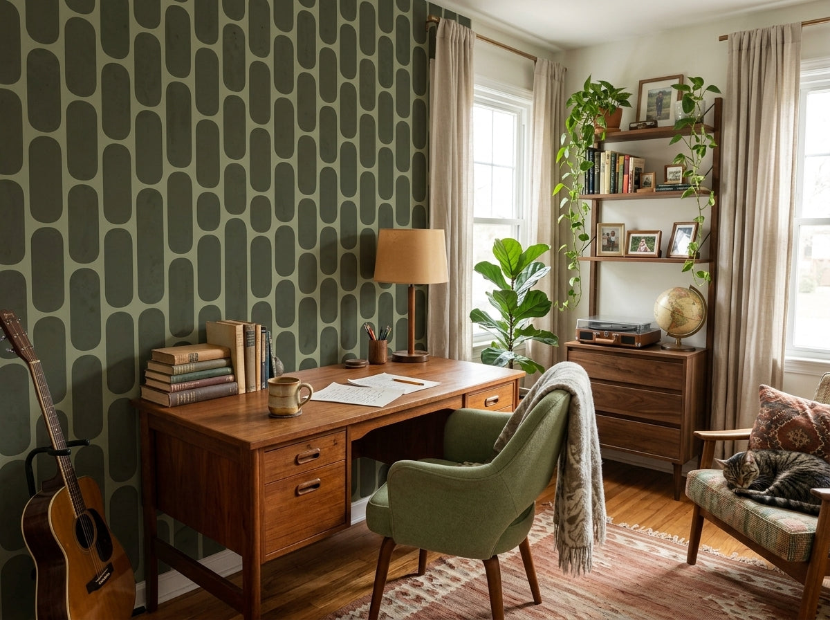 Olive green retro capsule wallpaper in a study with guitar and green armchair.