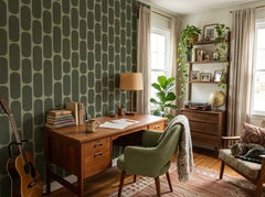 Olive green retro capsule wallpaper in a study with guitar and green armchair.