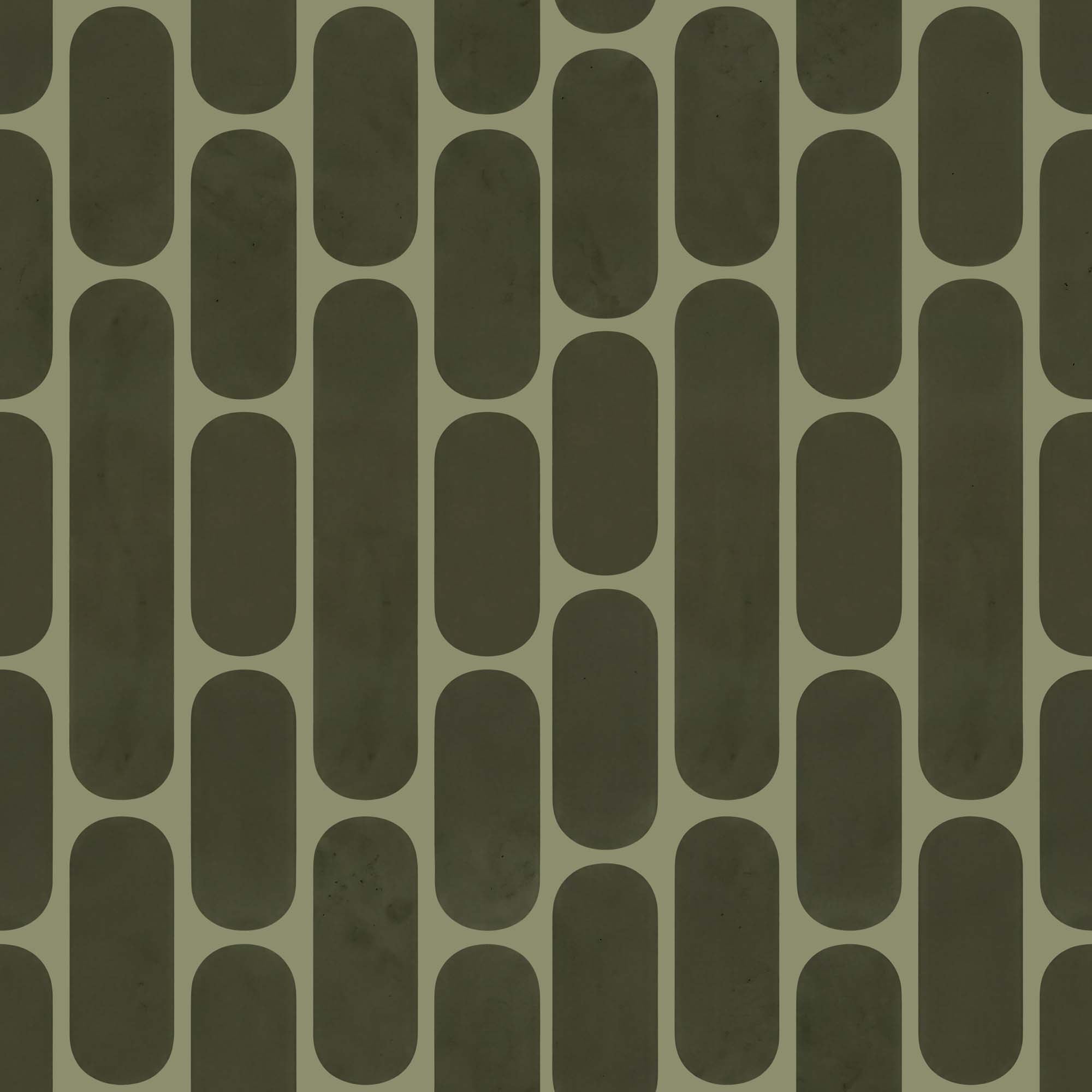 Retro wallpaper with dark olive rounded capsule shapes on a sage green background.