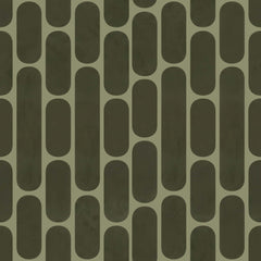Retro wallpaper with dark olive rounded capsule shapes on a sage green background.