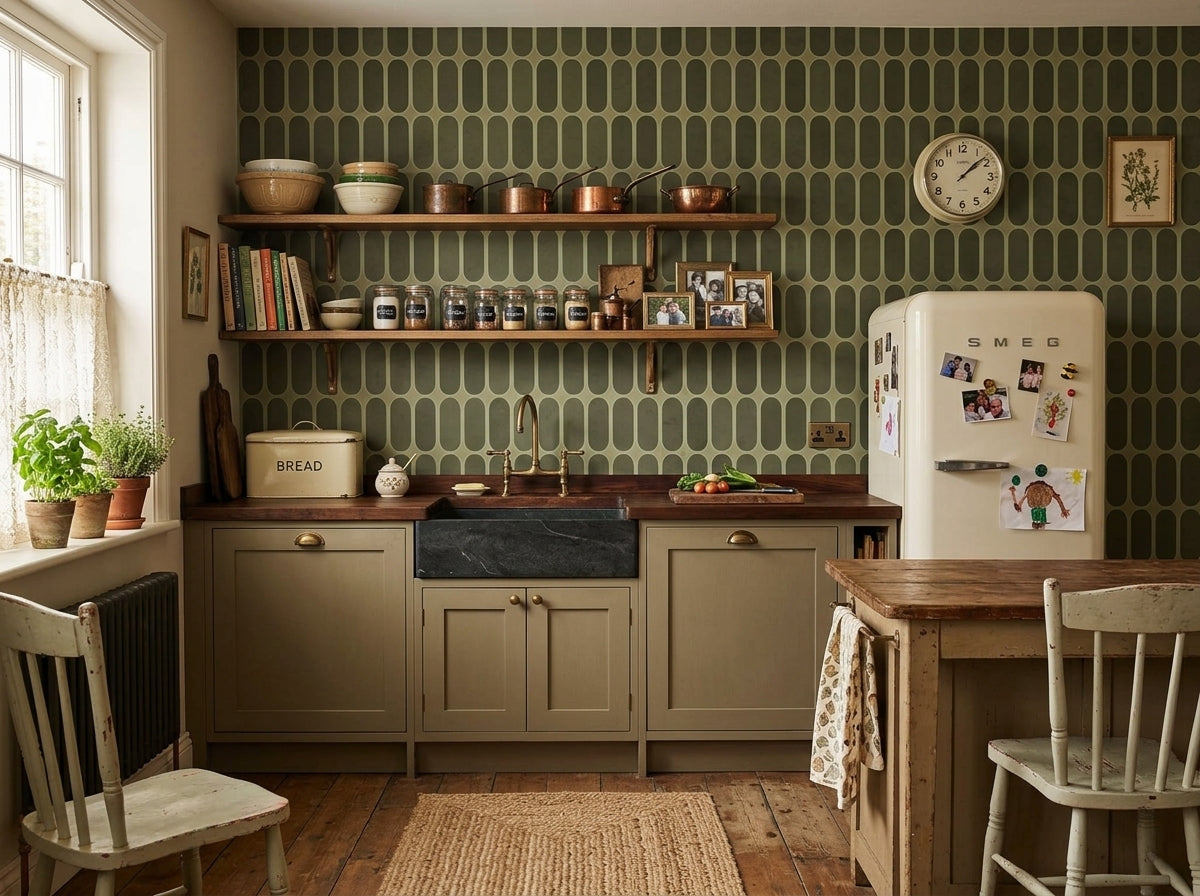 Sage green retro capsule wallpaper in a retro kitchen with cream fridge.