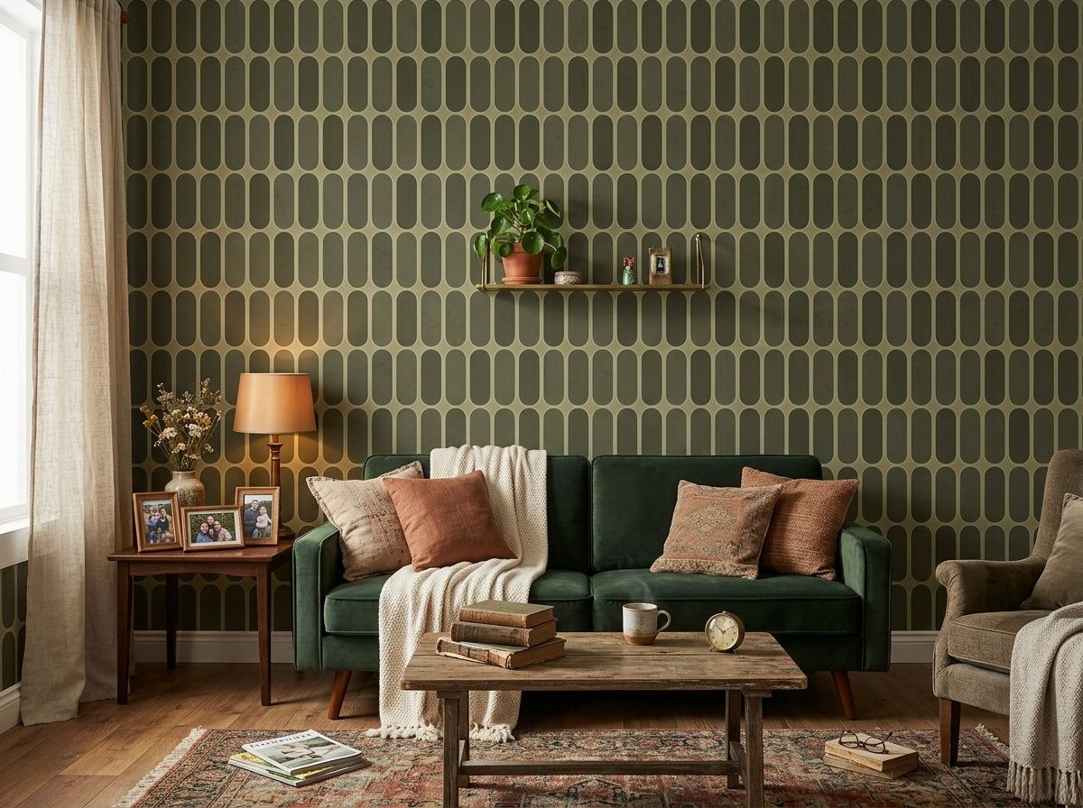 Sage green retro capsule wallpaper behind a green velvet sofa in a living room.
