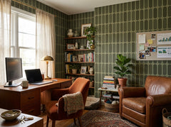 Sage green retro capsule wallpaper in a home office with leather armchair.