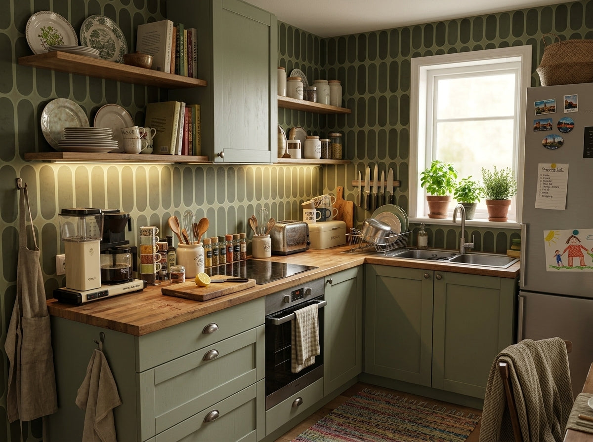 Sage green retro capsule wallpaper in a busy family kitchen with green cabinets.
