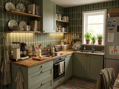 Sage green retro capsule wallpaper in a busy family kitchen with green cabinets.