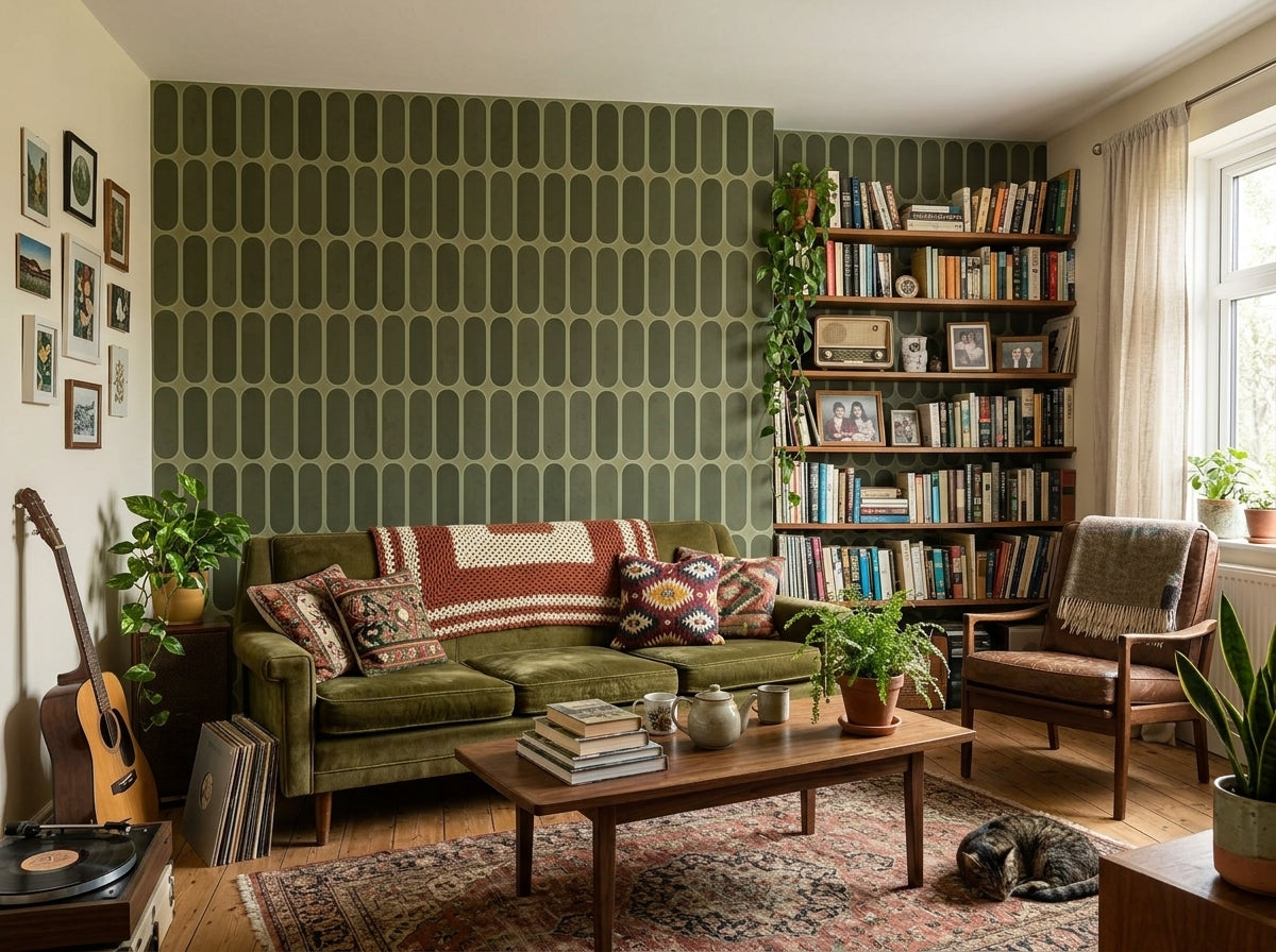Sage green retro capsule wallpaper in an eclectic living room with bookshelves.