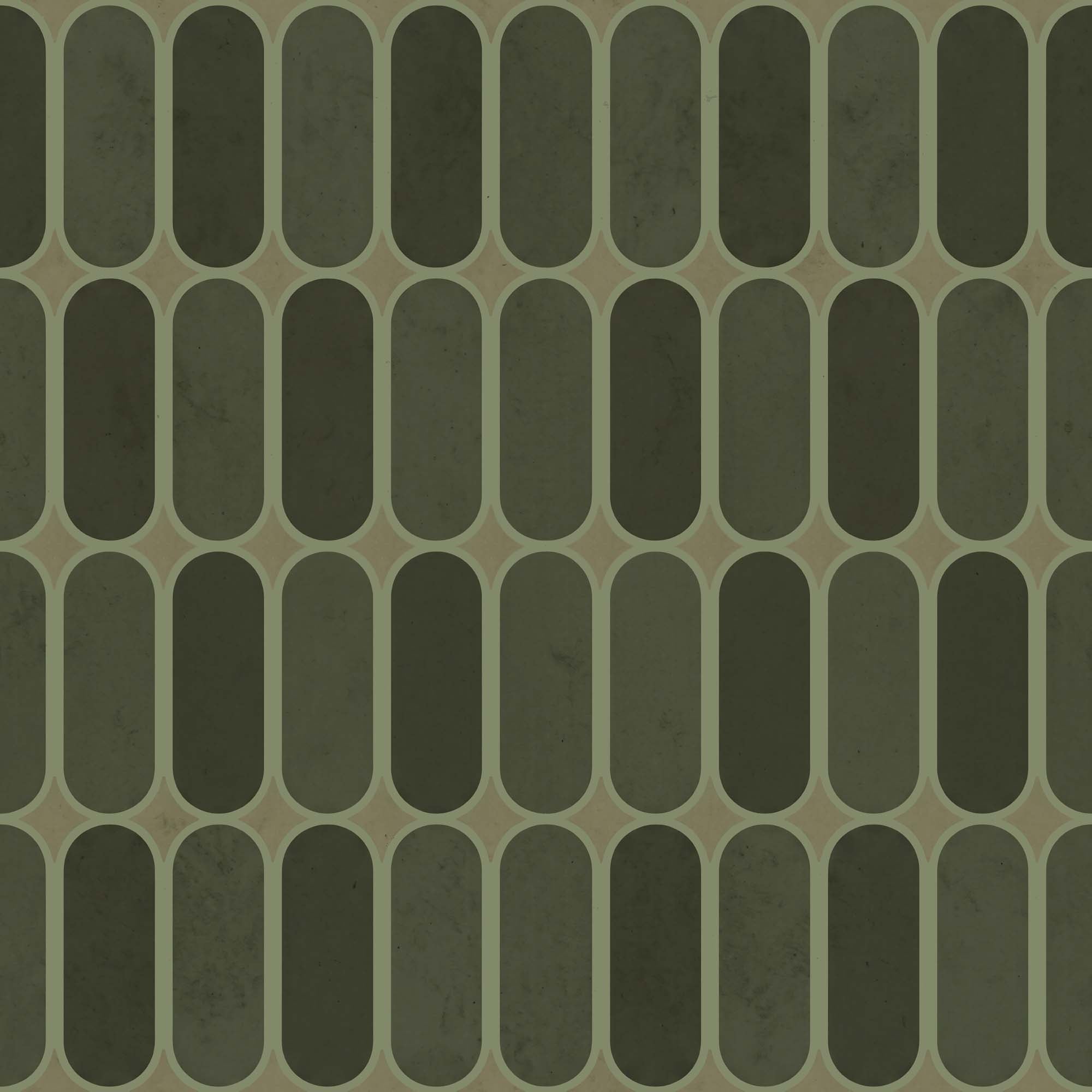 Retro wallpaper with alternating dark and light sage green capsule shapes in a tile-like pattern.