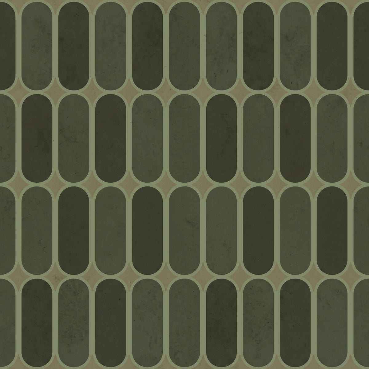 Saliegroen retro behang – tweekleurig capsule-tegelpatroon fotobehang, mid-century design