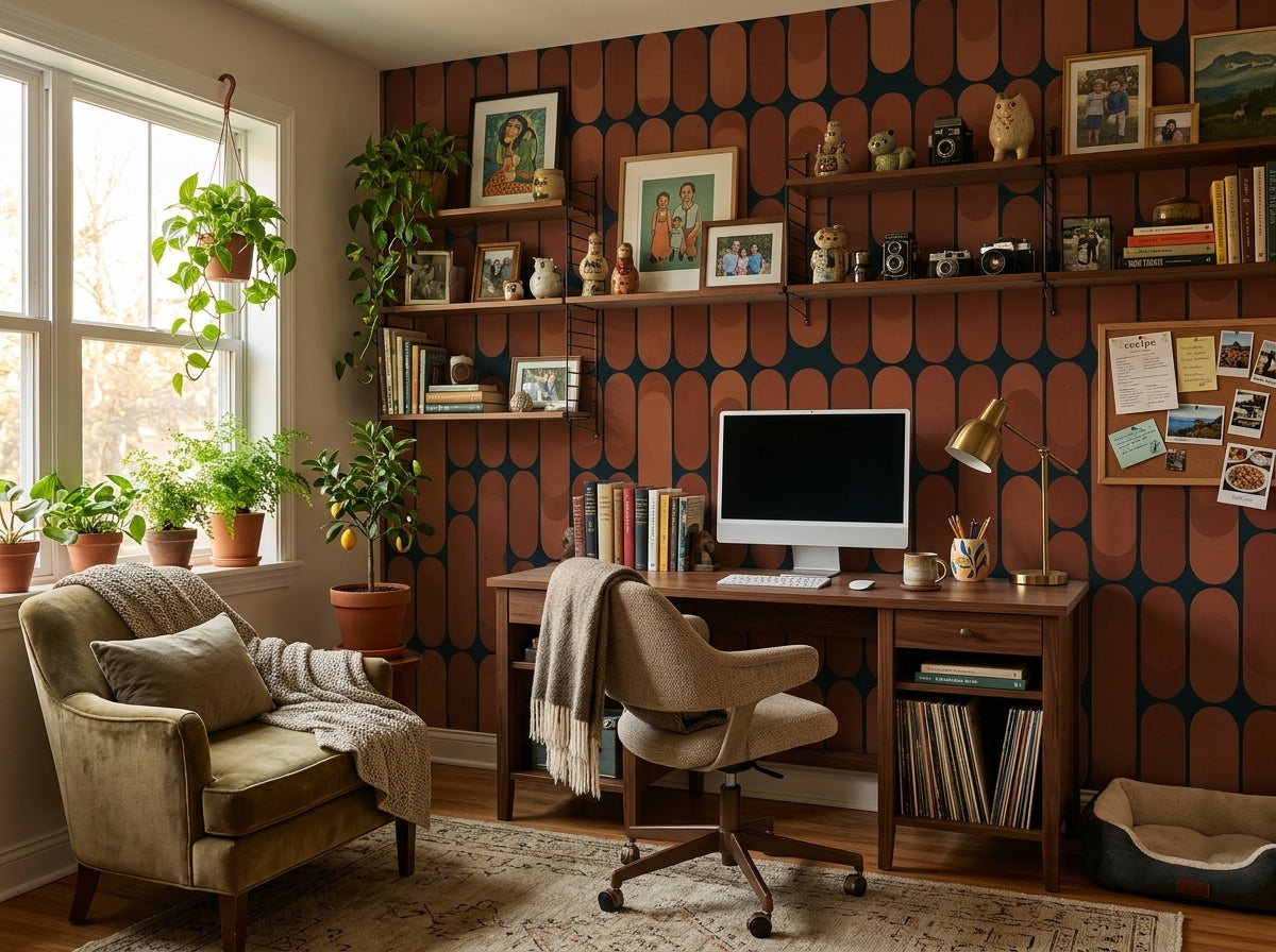 Terracotta retro capsule wallpaper in a home office with vintage armchair.