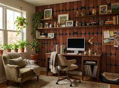 Terracotta retro capsule wallpaper in a home office with vintage armchair.