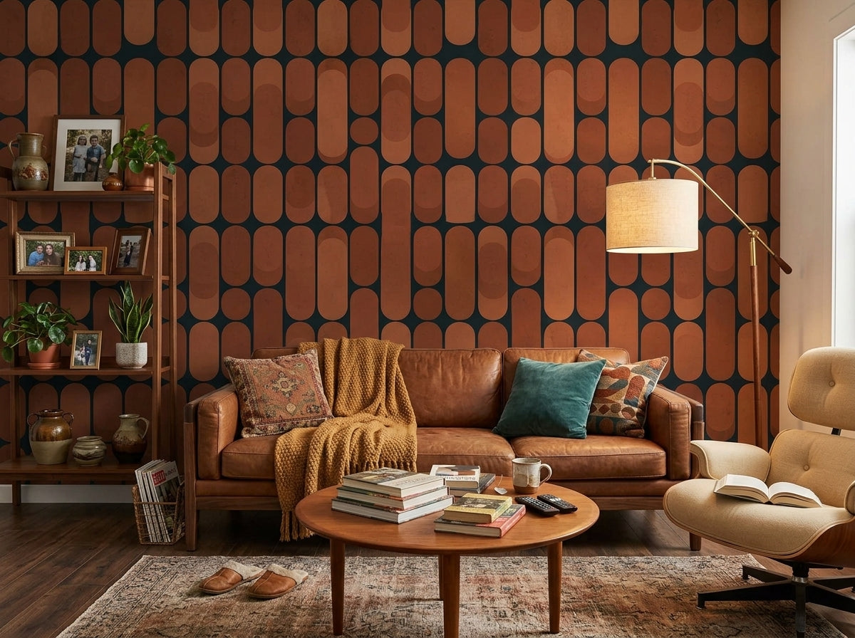 Terracotta retro capsule wallpaper in a living room with leather sofa and lounge chair.