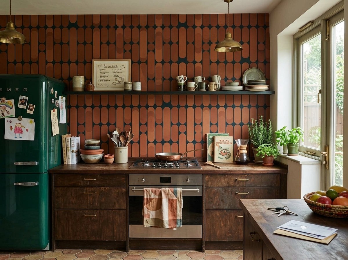 Terracotta retro capsule wallpaper in a kitchen with green retro fridge.