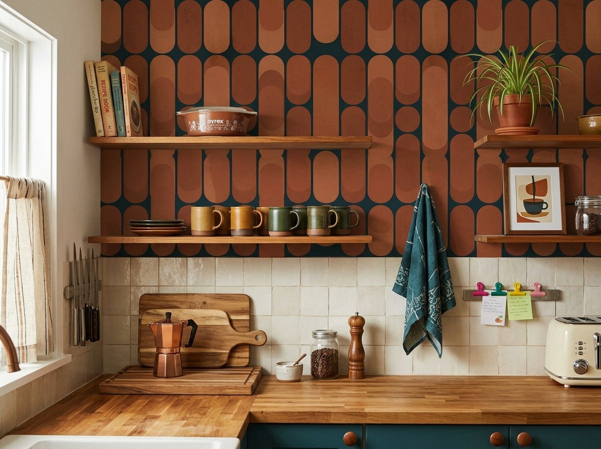 Terracotta retro capsule wallpaper above a kitchen counter with open shelves.