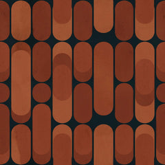 Retro wallpaper with terracotta and rust overlapping capsule shapes on a dark navy background.