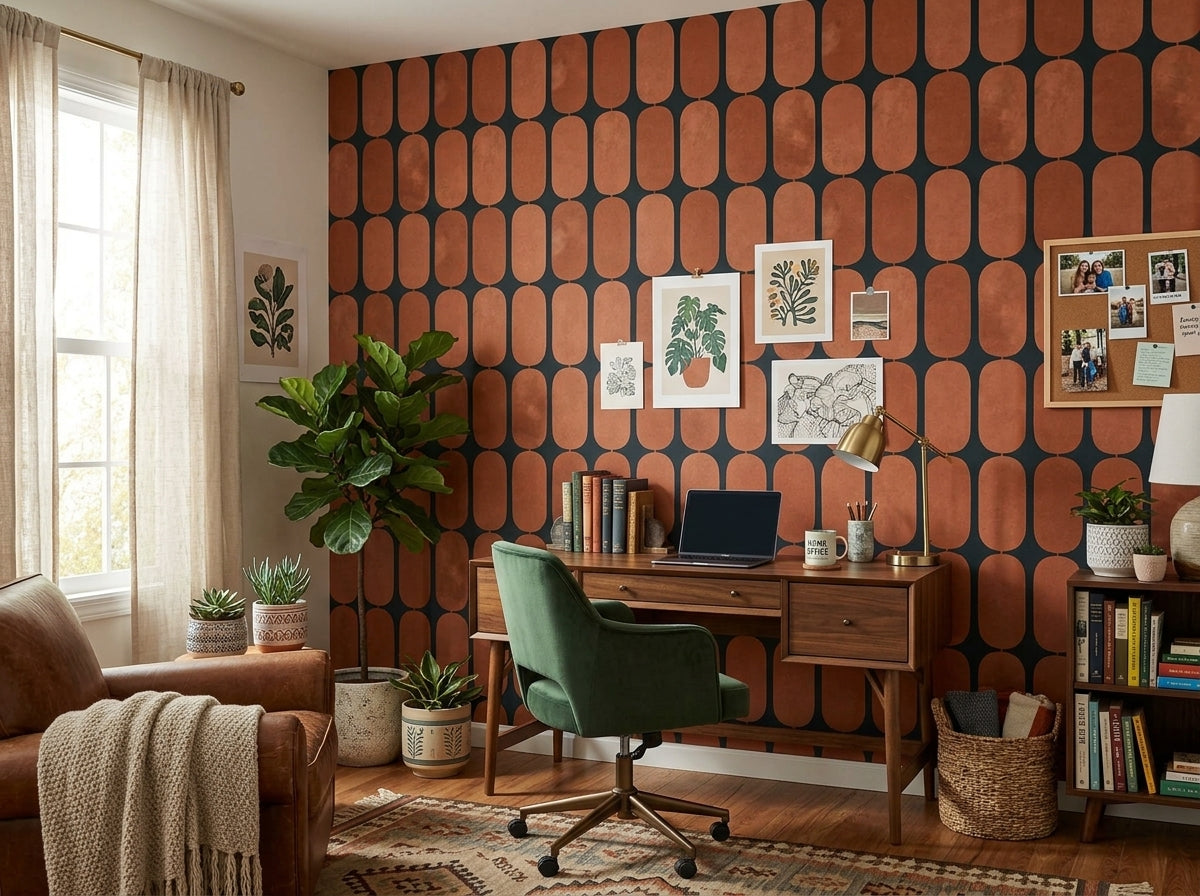 Terracotta capsule grid wallpaper in a home office with green chair.